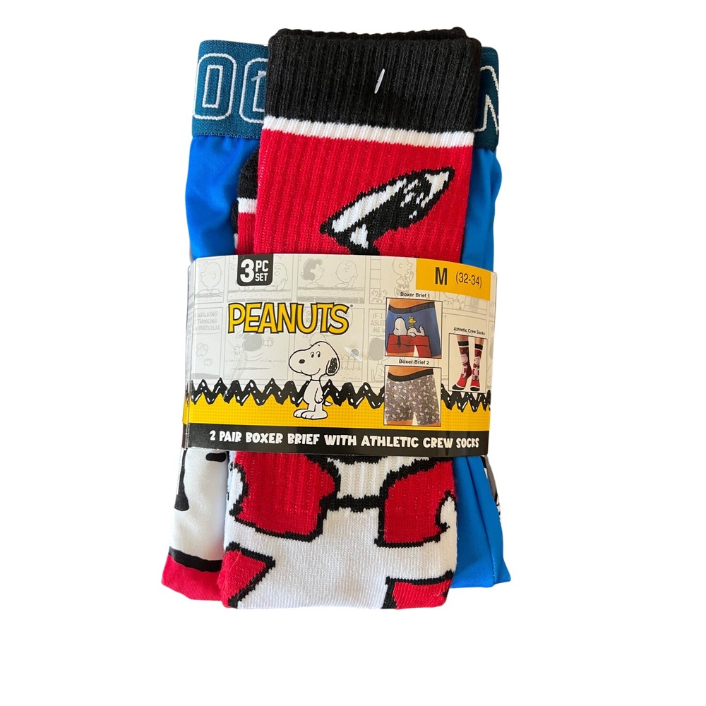 Peanuts Snoopy Mens‎ 3pc Set 2 Pair Boxer Briefs 1 Pair Athletic Crew Socks Sz M